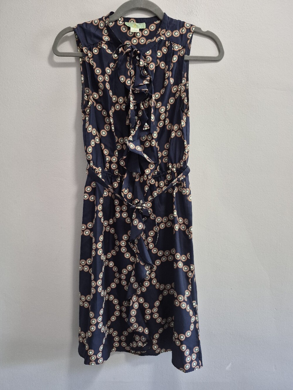Anthropologie Navy Ruffle-Front Tie Waist Mini Dress with Circular Print